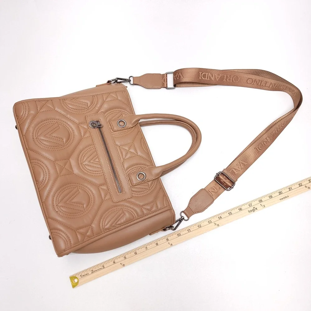 Valentino Orlandi Tan Brown Quilted Logo Satchel Crossbody Handbag Bag